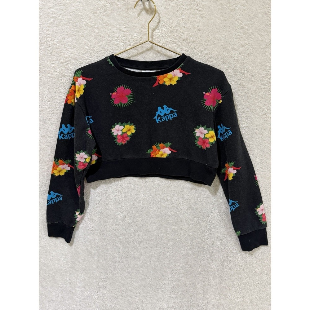 Kappa Women's Small Floral Logo Denpassar Cropped Sweatshirt Faded Black Graphic